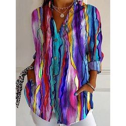 Per donna Camicia Blusa Patchwork Bottoni Stampato Grafico Geometrico Plaid Vintage Tropicale Quotidiano Manica Lunga Colletto a Camicia Top Regolari Quotidiano Blu Rosso Viola chiaro Viola Arancione
