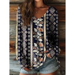 T-shirt Boho da donna Grafica Floreale Piante Vintage Elegante Casual Maniche Lunghe Collo a V Top Regolari Da Giorno Weekend Spiaggia Indossare Stampa Grigio Nero Beige Estate Primavera