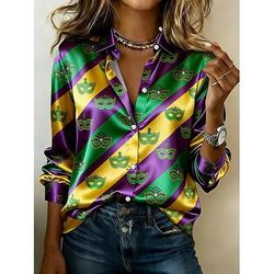 Martedì grasso Per donna Camicia Grafico Geometrico Vintage Elegante Moderno Manica Lunga Colletto a Camicia Top Regolari Quotidiano Ferie Viola Verde Estate Primavera