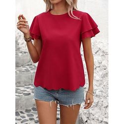 Per donna Maglietta Taglio Bottoni Tinta unica Vintage Elegante Casual Manica Corta Manica a Balze Girocollo Top Regolari Quotidiano Uscire Rosso Estate Primavera
