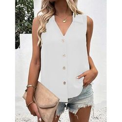 Per donna Blusa Bottoni Tinta unica Vintage Elegante Casual Senza Maniche Scollo a V Top Regolari Quotidiano Blu Nero Bianco Vino Verde militare Estate Primavera