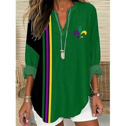 Blusa da Donna per il Mardi Gras in Lino Leggero Traspirante Grafica Vintage Stile Quotidiano Manica Lunga Collo a V Normale Top Quotidiani Stampa Gialla Viola Verde Estate Primavera