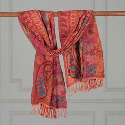 Crimson Garden,'Embroidered Patchwork Jacquard Floral and Paisley Wool Scarf'