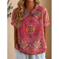 Per donna Blusa Stampato Grafico Astratto Vintage Elegante Casual Manica Corta Colletto a Camicia Top lunghi Quotidiano Lavoro Rosso Arancione Estate Primavera