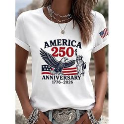 Giorno dell'Indipendenza Americana Per donna Maglietta Stampato Grafico Giornata dell'indipendenza Vintage Elegante Classico Manica Corta Girocollo Top Regolari Quotidiano Blu Nero Bianco Rosa Rosso
