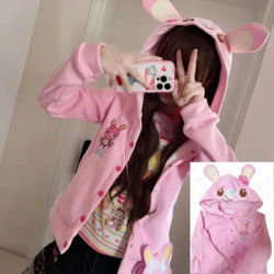 Japonais mignon manteau broderie lapin oreille à capuche sous-culture Kawaii Y2k hauts décontracté mode doux manteaux Ropa Mujer femmes vêtements