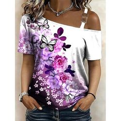 Per donna Maglietta Stampato Floreale Grafico Vintage Elegante Classico Manica Corta Senza Spalle Collo asimmetrico Top Regolari Quotidiano Uscire Weekend Viola Estate Primavera