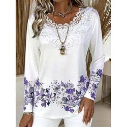 Per donna Maglietta Pizzo Stampato Floreale Grafico Piante Elegante Classico Moderno Manica Lunga Scollo a V Top Regolari Quotidiano Uscire Blu Viola Fucsia Verde Estate Primavera