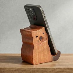 'Whimsical Cat-Themed Hand-Carved Raintree Wood Phone Holder'