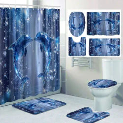 4/1 Crystal Dolphin Shower Curtain Set, Toilet Seat Decoration, Shower Curtain with Carpet and Toilet Lid, Size 70.8x70.8 inches