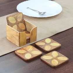 'Floral-Inspired Hand-Carved 6-Piece Natural Wood Coaster Set'