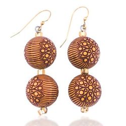 'Spring-Themed Sese Wood Bead Dangle Earrings in Golden Hues'