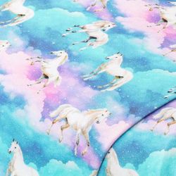 Tissu jersey de coton impression numérique "chevaux" avec élasthanne, multicolore