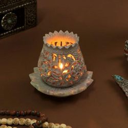 'Hand-Carved Lotus-Inspired Soapstone Tealight Candleholder'