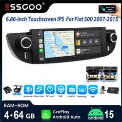 ESSGOO Autoradio Android 15 6,86 pouces 4+64G avec Bluetooth pour Fiat 500 Abarth 2007-2015, CarPlay sans fil 2+64G, GPS, double USB, WiFi, RDS