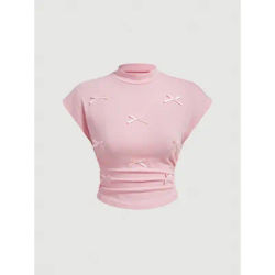 T-shirt à manches courtes et col mi-haut pour femme, pull Slim à manches volantes, avec nœud doux, Explosion, printemps et été