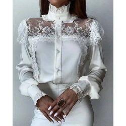 Femmes dentelle couleur unie chemise décontractée blanc col haut maille dentelle couture filandreux volants petit haut chemisier nouveau