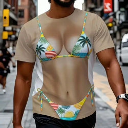 T-shirt en maille transparente à imprimé 3D motif palmier tropical et coucher de soleil, style vacances sexy, haut décontracté streetwear pour femme