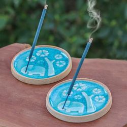 'Nature-Themed Blue and Ivory Ceramic Incense Holders (Pair)'