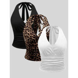 Ensemble 3 pièces pour femmes grandes tailles : hauts halter imprimé léopard et hauts camisoles sexy à taille froncée unie