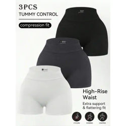 Lot de 3 shorts de sport taille haute pour femme, couleur unie, pour entraînement quotidien, gym, course et yoga, noir