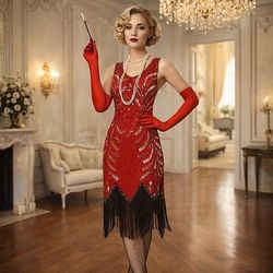 Set Anni Ruggenti Anni 1920 Lunghezza al ginocchio Vestito Abito Flapper Abiti con accessori Senza maniche Il grande Gatsby Charleston Taglie Forti Frangia con nappe Scollo a V Costume Per donna