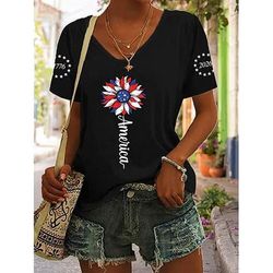 Giorno dell'Indipendenza Americana Per donna Maglietta Stampato Grafico Bandiera Americana Vintage Elegante Classico Manica Corta Scollo a V Top Regolari Quotidiano Blu Nero Bianco Grigio Estate