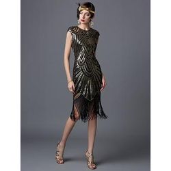 Anni Ruggenti Anni 1920 Lunghezza al ginocchio Vestito Abito Flapper Abito da Ballo Cortissima Il grande Gatsby Charleston Paillettes Patchwork Scollo Tondo Costume Per donna Balli di fine anno Festa