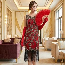 Set Anni Ruggenti Anni 1920 Lunghezza al ginocchio Vestito Abito Flapper Abiti con accessori Senza maniche Il grande Gatsby Charleston Taglie Forti Paillettes Frangia con nappe Scollo a V Costume Per