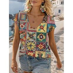Per donna Maglietta Stampato Grafico Blocco di colori Bohemien Vintage Casual Manica Corta Scollo a V Top Regolari Quotidiano Arcobaleno Estate Primavera