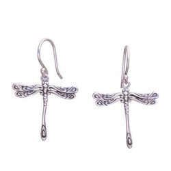 Elegance of the Dragonflies,'Handcrafted Sterling Silver Dragonfly Wings Dangle Earrings'