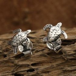 'Sea Turtle-Shaped Sterling Silver Stud Earrings Made in Bali'