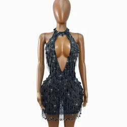 Sexy High-end Flashing Crystals Chains V-neck Backless Mesh Dress Women Evening Birthday Party Gown Fashion Show Stage Wear