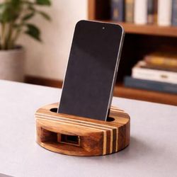 'Hand-Carved Wood Acoustic Phone Speaker with Striped Pattern'