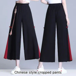 Pantalon à Jambes Larges en Mousseline de Soie pour Femme, Vêtement Style Ethnique Élégant, Fendu sur le Côté, Baggy, Taille Haute