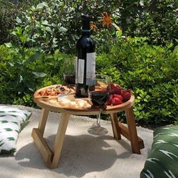 Time to Share,'Teakwood Folding Portable Picnic Snack and Wine Table Tray'