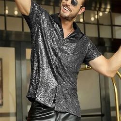 Retrò Vintage Disco Anni '80 Camicia Maniche corte Disco Paillettes Aderente Svasato Costume Per uomo Halloween Carnevale Festival Musicale Feste Bar Adulti Top Primavera Estate