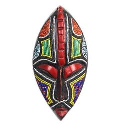 Bisa,'Hand Carved Sese Wood and Glass Bead Mask'