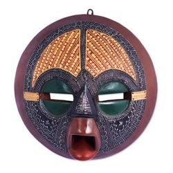Round Fusion,'African Wood Wall Mask with Embossed Brass Aluminum Motifs'