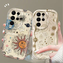Coque de téléphone au design artistique étoiles soleil lune pour Samsung Galaxy S25 S24 Ultra S23 S22 S21 Plus FE A56 A36 A26 A16 A06 A15 A25 A35 A55 5G