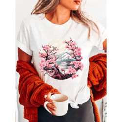 Haut décontracté à col pour femmes, vêtements d'été et de printemps, T-Shirt imprimé arbre de cerisier, manches courtes, équipage