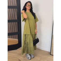 Robe longue décontractée en maille patchwork pour femme, col rond, manches courtes, vert, pour le bureau, collection 2026
