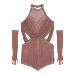 Childs Girls Tassel Latin Dance Leotard Costume Rumba Chacha Tango Bodysuit with Mesh Gloves Stage Performance Kids Dancewear