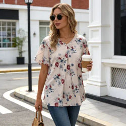 Fashion Boho Flower Print Tunic , Button Detail V-Neck Bell Sleeve Blouse , Lightweight Daily Wear for Ladies
