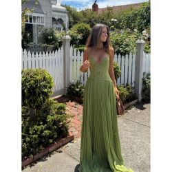 Robe longue corset vert halter pour femme, dos nu, épaules dénudées, plissée, patchwork, coupe ajustée, maxi, collection été 2026, robe de soirée élégante