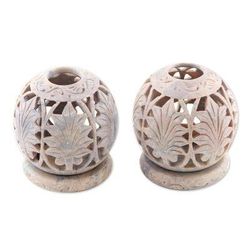 'Foliage' (pair) - Handcrafted Natural Soapstone Candle Holders