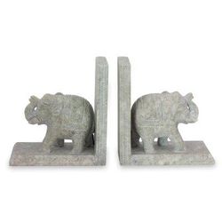 Soapstone bookends, 'Elephant Knowledge' (pair)