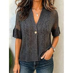 Per donna Camicia Blusa Traforato Bottoni Tinta unica Semplice Vintage Elegante Casual Manica Corta Scollo a V Top Regolari Casuale Quotidiano Nero Bianco Rosa Verde Estate Primavera