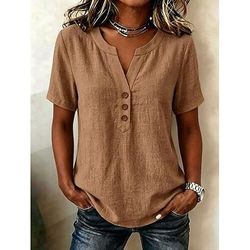 Per donna Blusa Tinta unica Vintage Elegante Essenziale Manica Corta Scollo a V Top Regolari Casuale Quotidiano Blu Cachi Rosa Verde scuro Estate Primavera