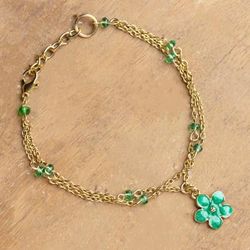 Spring Harmony,'Quartz and Brass Bracelet with Floral Charm in Green Hues'